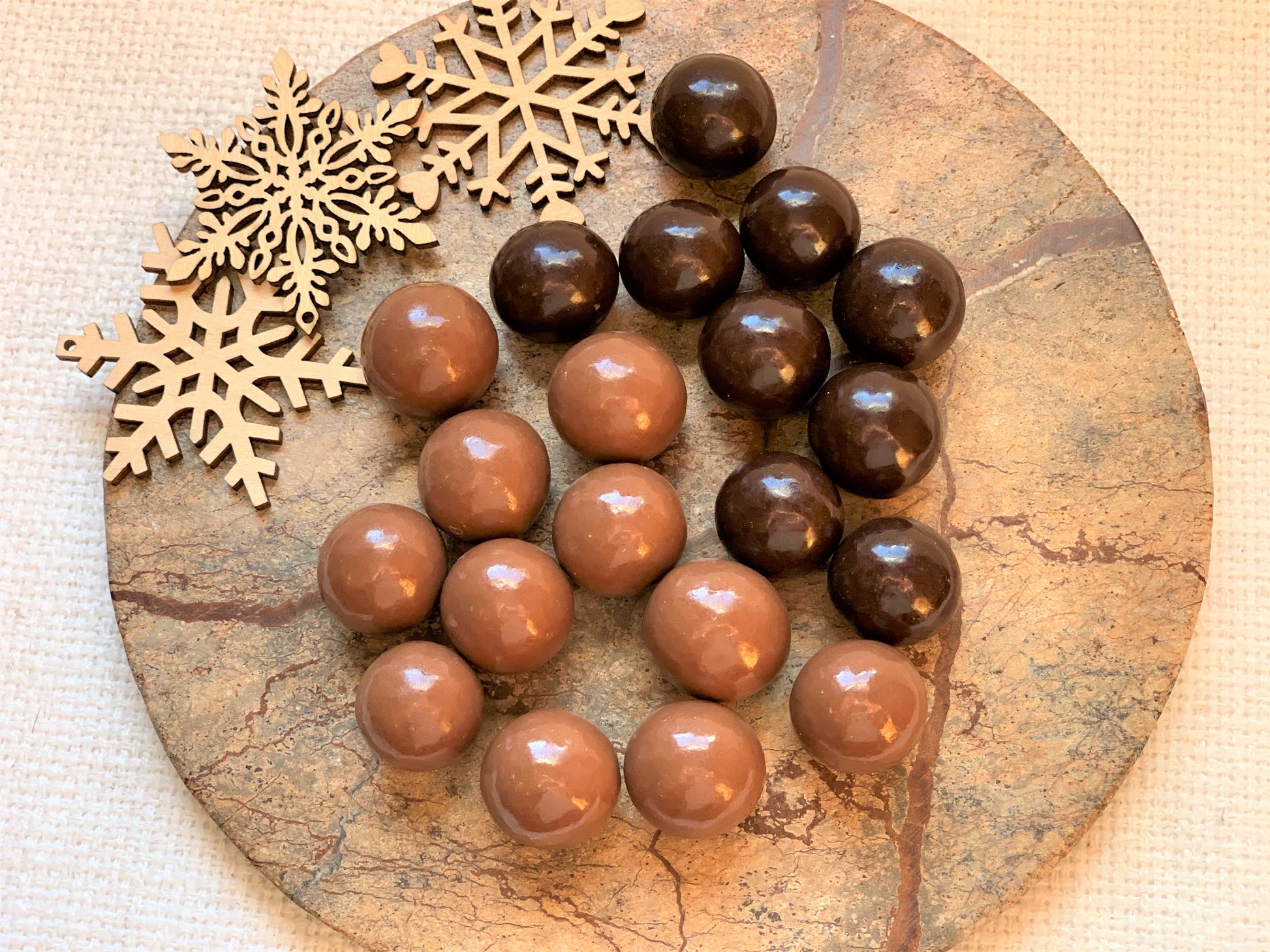 Snowflake Chocolates - Raspberry Chocolate Covered Malt Balls